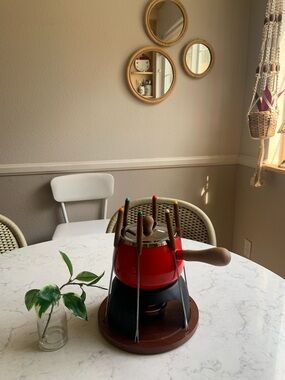 Vintage MCM Red Fondue Set with Wooden Handle
